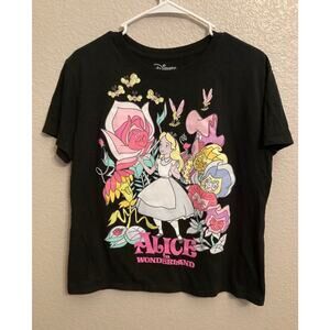 NWOT Classic Disney Alice Wonderland Flower Garden Golden Afternoon Black Tee L